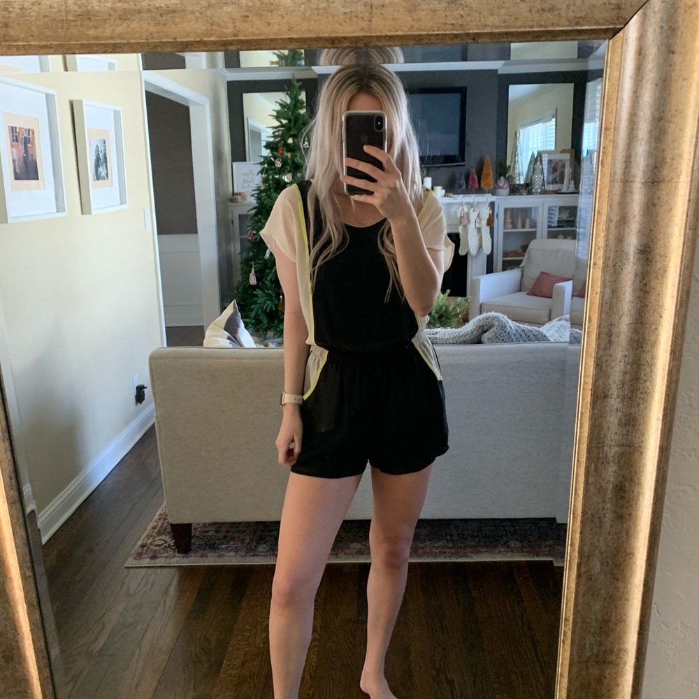 Neon yellow, black, cream romper with awesome cutouts